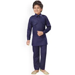 ahhaaaa Boys Navy Blue Solid Kurta with Trousers-picture-34