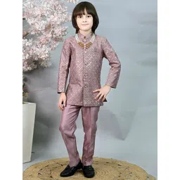 ahhaaaa Boys Woven Design Mandarin Collar Sequinned Jacquard Kurta With Trousers & Mala-image-10