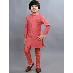 ahhaaaa Boys Woven Design Mandarin Collar Sherwani Set-image-3