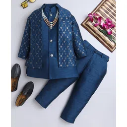 Ahhaaaa Brocade Full Sleeves Solid Kurta Pyjama With Sequin Embellished & Embroidered Jacket & Maala Set - Navy Blue-picture-24