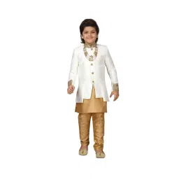 Ahhaaaa Kids Beige & White Textured Kurta, Pyjamas with Jacket-picture-45