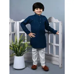 Ahhaaaa Kids Blue & White Cotton Embellished Full Sleeves Kurta Set-picture-11