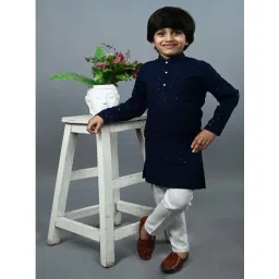 Ahhaaaa Kids Blue & White Cotton Embroidered Full Sleeves Kurta Set-picture-14