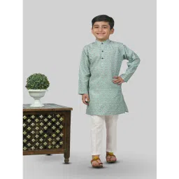 Ahhaaaa Kids Blue & White Cotton Handloom Full Sleeves Kurta Set image 1