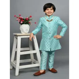 Ahhaaaa Kids Blue & White Embellished Full Sleeves Sherwani Set-picture-19