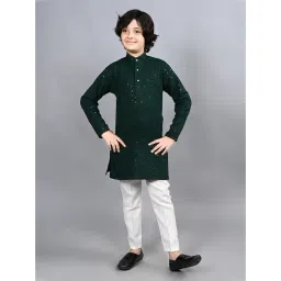 Ahhaaaa Kids Dark Green & White Embellished Full Sleeves Kurta With Pyjamas-picture-22