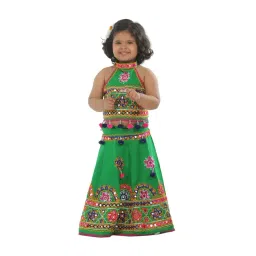 Ahhaaaa Kids Green & Pink Cotton Embroidered Lehenga Cholis-picture-37