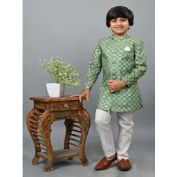 Ahhaaaa Kids Green & White Embellished Full Sleeves Sherwani Set-picture-17