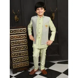 Ahhaaaa Kids Green Embellished Full Sleeves Sherwani, Jacket & Pyjamas image 4