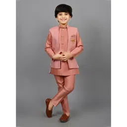 Ahhaaaa Kids Peach Embellished Full Sleeves Sherwani, Jacket & Pyjamas image 1