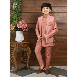 Ahhaaaa Kids Peach Embellished Full Sleeves Sherwani, Jacket & Pyjamas image 5