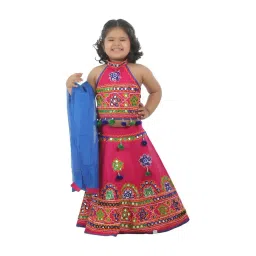 Ahhaaaa Kids Pink & Blue Cotton Embroidered Lehenga Cholis-picture-26