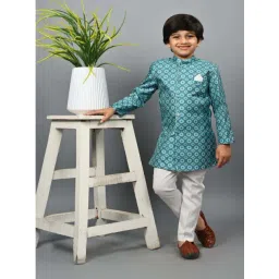 Ahhaaaa Kids Turquoise Blue & White Embellished Full Sleeves Sherwani Set-picture-20
