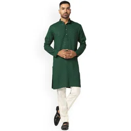 ahhaaaa Men Green Embroidered Mirror Work Summer Sheers Handloom Kurta-picture-25