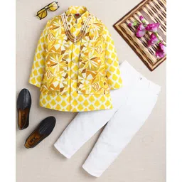 Ahhaaaa Viscose Woven Full Sleeves Abstract Motifs Printed Kurta Pant With Nehru Jacket & Mala Set - Mustard-picture-25