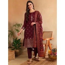 AHIKA Ethnic Motifs Woven Design Straight Kurta & Trousers With Dupatta-picture-42