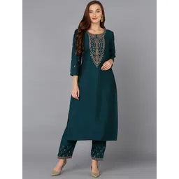 AHIKA Floral Printed Round Neck Embroidered Straight Kurta with Trouser-picture-40