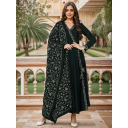 AHIKA Green Ethnic Motifs Embroidered Angrakha Kurta with Trousers & Dupatta-picture-32