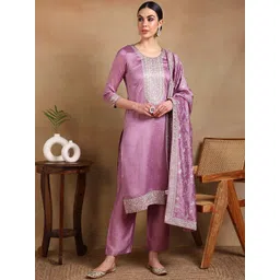 AHIKA Mauve Ethnic Motifs Embroidered Sequinned Kurta with Trousers & Dupatta-image-16