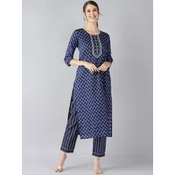 AHIKA Women Navy Blue Printed Regular Pure Cotton Kurta with Trousers-picture-26