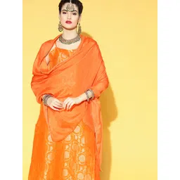 AHIKA Women Orange Floral Woven Design Pure Cotton Kurta with Trousers & With Dupatta-picture-36