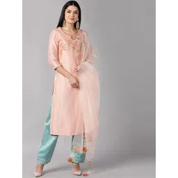 AHIKA Women Peach Floral Embroidered Regular Kurti with Trousers & Dupatta-picture-41