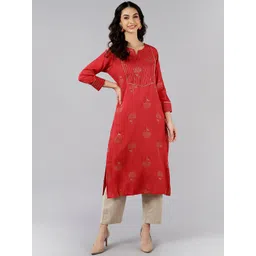 AHIKA Women Red Ethnic Motifs Embroidered Cotton Kurta-picture-41