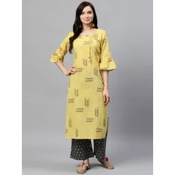 AHIKA Women Yellow & Charcoal Grey Printed Kurta with Palazzos-picture-11