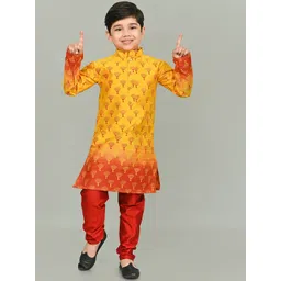 AHLAN APPARELS Boys Ethnic Motifs Printed Mandarin Collar Dupion Silk Kurta with Pyjamas-picture-34