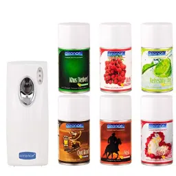 Airance Automatic Room Freshner LED Aerosol Dispenser With 250 ml Each Khus (Vetiver), Litchi, Refreshing Lime, Oud Wood, Musk & Rose Petals Fragrance Refill (Pack of 7)-image-33