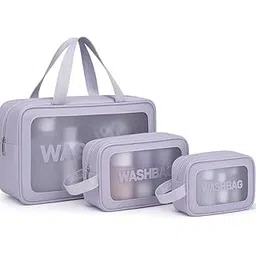 airkot Bags 3-Piece Clear PVC Toiletry Bags Set, Waterproof Washbags with Handles, Transparent Cosmetic Organizer Storage Cases, Grey (Purple)-picture-33