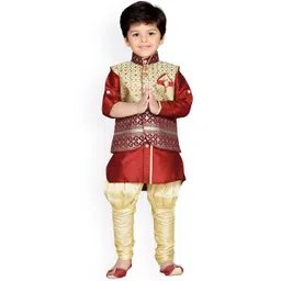 Aj DEZInES Boys Maroon & Beige Solid Kurta with Pyjamas and Nehru Jacket-picture-53