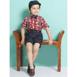 Aj DEZInES Boys Printed Cotton Shirt Bow Shorts With Cap Suspenders Clothing Set image 2
