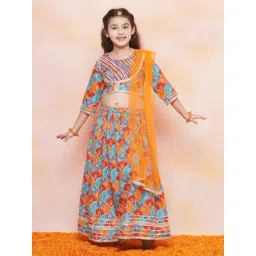 AJ Dezines Kids Sky Blue & Orange Printed Lehenga, Choli with Dupatta-picture-18