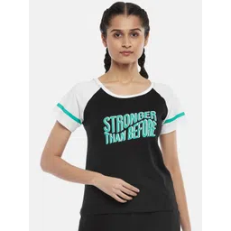 Ajile by Pantaloons Women Black & Sea Green Typography Printed Cotton T-shirt-picture-20