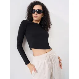 Ajile by Pantaloons Women Ribbed Boat Neck Long Sleeves Crop Top-picture-11