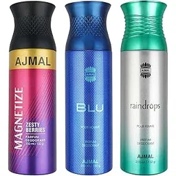 Ajmal 1 Magnetize for Men & Women, 1 Blu Homme for Men and 1 Raindrops Femme for Women Deodorants each 200ML Combo pack of 3 (Total 600ML)-picture-18