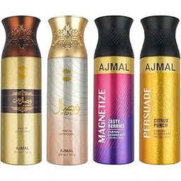 Ajmal 1 Wisal Dhahab for Men, 1 Wisal for Women, 1 Magnetize and 1 Persuade for Men & Women Deodorants each 200ML Combo pack of 4 (Total 800ML)-image-1