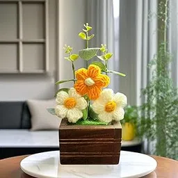 Akaar Decor's Handcrafted Crochet Flower Pot | Artificial Flowers for Home | Birthday | Anniversary | Housewarming Gifts | 100% Handmade Yarn Flower Décor (8 Inch, Wooden Base) (Cream-Yellow)-picture-10