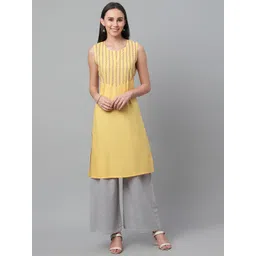 akheri Women Yellow Yoke Design Chikankari Embroidered Straight Kurta-picture-40