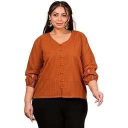 akiko Women’s Plus Size Slub Fabric Top V-Neckline Embroidered Sleeves (Brown)-picture-35
