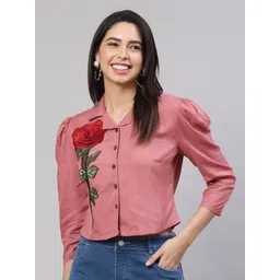 AKIMIA Applique Puff Sleeves Shirt Collar Top-picture-21