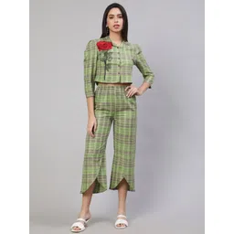 AKIMIA Checked Rose Applique Pure Cotton Top With Trousers-picture-41