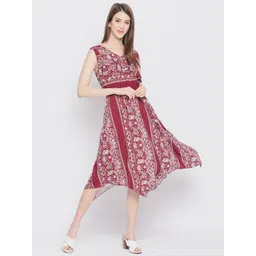 AKIMIA Maroon & White Ethnic Motifs V-neck A-Line Midi Cotton Dress-picture-24