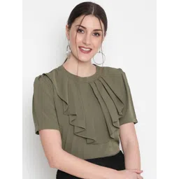 AKIMIA Olive Green Ruffles Crepe Top-picture-23