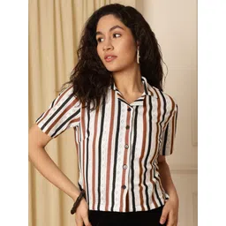 AKIMIA Striped Mandarin Collar Sheer Lace Shirt Style Crop Top-picture-39