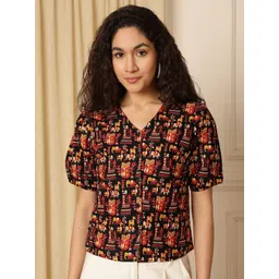 AKIMIA Tribal Print Puff Sleeve Cotton Shirt Style Crop Top-picture-34
