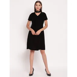 AKIMIA Women Black Solid Velvet Choker Neck Fit and Flare Dress-picture-21