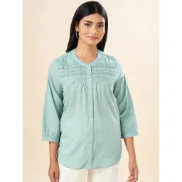 Akkriti by Pantaloons Aqua Blue Cotton Self Pattern Shirt-picture-20