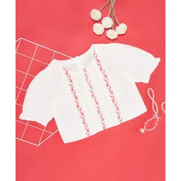 Akkriti by Pantaloons Cotton Flax Half Puffed Sleeves Floral Embroidered Top - White-picture-13